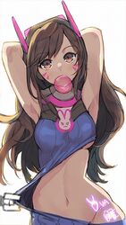  armpits arms_behind_head blowing_bubbles breasts brown_hair character_name chewing_gum commentary d.va_(overwatch) dakun english_commentary facial_mark female long_hair looking_at_viewer medium_breasts navel orange_eyes overwatch overwatch_1 solo underboob whisker_markings 