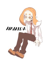  black_pants character_name closed_mouth collared_shirt commentary_request female full_body kameno_(nameko_ziru_n) long_sleeves namida_(splatoon) necktie orange_eyes orange_footwear orange_hair pants pointy_ears red_necktie shirt shoes simple_background sitting solo splatoon_(series) splatoon_1 striped striped_necktie suction_cups tentacle_hair white_background white_shirt 