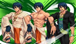  3boys abs blue_hair bracelet closed_eyes commentary_request fingerless_gloves gloves green_eyes iwa-saka jewelry multiple_boys multiple_persona necklace open_mouth pepe_rodriguez rage_of_the_dragons sandals snk sparkle teeth topless_male 