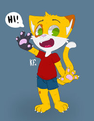  4_fingers absurd_res anthro bottomwear clothing domestic_cat felid feline felis fingers fur gesture hi_res katxfish katxlogan lolicon male mammal open_mouth orange_body orange_fur pawpads pink_nose shirt shorts solo t-shirt topwear waving white_body white_fur yellow_body yellow_fur young young_anthro 