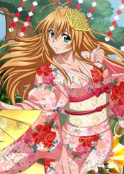  antenna_hair aqua_eyes breasts brown_hair cherry_blossom_print chinese_peony chrysanthemum cleavage closed_mouth collarbone cowboy_shot eyebrows female floral_print flower folding_fan hair_between_eyes hair_flower hair_ornament hand_fan ikkitousen japanese_clothes kimono large_breasts long_hair long_sleeves looking_at_viewer new_year obi peony_(flower) peony_print pink_kimono sash smile solo sonsaku_hakufu wide_sleeves yellow_flower yukata 