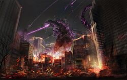  amamitsu_kousuke bad_id bad_twitter_id bare_tree car destruction energy_beam fire giant giant_monster godzilla godzilla_(series) godzilla_(shin) highres kaijuu motor_vehicle night night_sky no_humans purple_fire sharp_teeth shin_godzilla sky teeth tree 