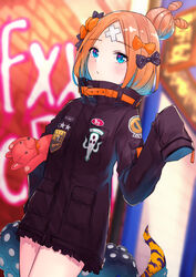  abigail_williams_(fate) abigail_williams_(traveling_outfit)_(fate) absurdres bad_id bad_pixiv_id black_bow black_jacket blonde_hair blue_eyes blurry blurry_background blush bow closed_mouth commentary_request depth_of_field dutch_angle fate/grand_order fate_(series) female hair_bun hairbow hand_up highres hugging_object jacket long_hair long_sleeves looking_at_viewer official_alternate_costume orange_bow parted_bangs polka_dot polka_dot_bow ranmaruuuu00 single_hair_bun sleeves_past_fingers sleeves_past_wrists solo stuffed_animal stuffed_toy suction_cups teddy_bear tentacle 