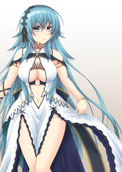  aquamarie armlet black_hairband black_ribbon blue_eyes blue_hair bracelet braid breasts cleavage cleavage_cutout clothing_cutout commentary_request dress female hair_ribbon hairband highres jewelry knees_together_feet_apart large_breasts long_hair looking_at_viewer navel_cutout ribbon sano_souichi sennen_sensou_aigis simple_background skirt_hold solo standing very_long_hair white_dress 