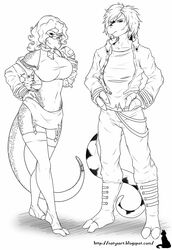  anthro clothed clothing duo female hi_res looking_at_viewer male maleti monochrome natysanime reptile rico_(reikovalour) scalie simple_background smile snake standing text turtle url white_background 