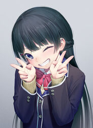  black_hair blue_eyes bow bowtie braid commentary_request double_v female fine_fabric_emphasis gradient_background grin hair_ornament hands_up kath layered_sleeves long_hair looking_at_viewer nijisanji one_eye_closed ribbed_sleeves school_uniform smile solo straight_hair tsukino_mito tsukino_mito_(1st_costume) v virtual_youtuber 