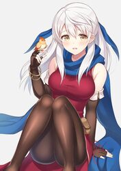  bangle bare_shoulders bird bird_on_hand black_gloves black_pantyhose blue_scarf blush bracelet commentary_request dress elbow_gloves female fingerless_gloves fire_emblem fire_emblem:_radiant_dawn fire_emblem_heroes gloves grey_hair hair_ribbon half_updo jewelry long_hair micaiah_(fire_emblem) pantyhose ribbon scarf shiyo_yoyoyo side_slit simple_background sitting sleeveless sleeveless_dress solo white_background white_hair yellow_eyes yune_(fire_emblem) 