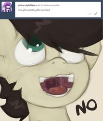  2018 ambiguous_form ask_blog bodily_fluids brown_hair dialogue english_text equid equine fan_character fur green_eyes hair hasbro horse looking_up male mammal marsminer mouth_shot my_little_pony open_mouth pone_keith pony saliva saliva_string simple_background solo tan_body tan_fur teeth text tongue tumblr user_avatar uvula white_background 