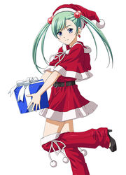  belt blue_eyes box capelet earrings eyebrows female gift gift_box green_hair hair_bobbles hair_ornament hat ikkitousen jewelry leg_up long_hair looking_at_viewer magatama magatama_earrings photoshop_(medium) red_capelet red_hat red_legwear santa_costume santa_hat shokatsuryou_koumei simple_background smile solo twintails white_background 