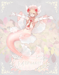  1boy androgynous awii bare_shoulders blonde_hair elbow_gloves flower full_body gloves looking_at_viewer male_focus merman monster_boy one_eye_closed original pink_eyes simple_background smile solo trap white_gloves 