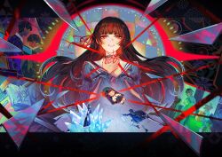  2girls arm_cutout black_choker black_hair black_jacket chisa_(wuthering_waves) choker clothing_cutout commentary crying crying_with_eyes_open english_commentary glass_shards hair_ribbon hands_up highres jacket long_hair long_sleeves multiple_girls multiple_views parted_lips red_eyes red_ribbon redricewine ribbon sailor_collar sumika_(wuthering_waves) tears white_sailor_collar wuthering_waves 