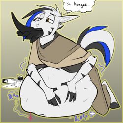  absurd_res anthro belly big_belly clothed clothing dialogue digestion digestion_noises equid equine haan_(character) hi_res male mammal onomatopoeia oral_vore partially_clothed rumbling_stomach solo sound_effects stomach_bulge text thought_bubble topazknight trypophobia vore zebra 