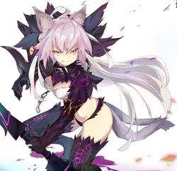  absurdres animal_ear_fluff animal_ears atalanta_(fate) atalanta_alter_(fate) black_panties black_thighhighs breasts cat_ears cat_tail commentary fate/grand_order fate_(series) female fur-trimmed_legwear fur_panties fur_trim green_eyes grey_hair highres long_hair medium_breasts multicolored_hair multiple_tails panties pink_hair revision same_(sendai623) slit_pupils solo tail thighhighs two-tone_hair underwear very_long_hair 