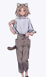  1boy adjusting_clothes animal_ears black_footwear blue_eyes blush brown_pants cat_ears cat_tail cropped_legs green_eyes heterochromia hood hoodie isaac_(adey) male_focus medium_hair oerba_yun_fang original pants parted_bangs solo standing sweat tail ten_(lu2948d) white_background white_hoodie 