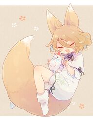  :d ahoge animal_ears ashiyu_(ashu-ashu) black_ribbon blonde_hair blush closed_eyes commentary female fluffy fox_ears fox_girl fox_mask fox_shadow_puppet fox_tail full_body highres kudamaki_tsukasa mask neck_ribbon oerba_yun_fang open_mouth ribbon romper short_hair smile socks solo tail thick_eyebrows touhou white_romper white_socks 