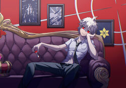  1boy ahoge apple apple_core black_pants breast_pocket bullet_print cheek_rest closed_mouth collarbone collared_shirt commentary couch crown danganronpa_(series) danganronpa_2:_goodbye_despair drawing_(object) food fruit green_necktie hands_up highres hinata_hajime hinata_hajime_(awakened) holding kamukura_izuru leaning_to_the_side looking_at_viewer male_focus navel necktie on_couch pale_skin pants picture_frame pocket red_background red_eyes shirt short_hair sitting smile solo spoilers white_hair white_shirt ziling 