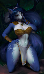  3:5 5_fingers absurd_res anthro big_breasts bikini bikini_top black_nose blue_body blue_eyes blue_fur blue_hair bottomwear breasts canid canine clothing digital_media_(artwork) female fingers fox fur gem guppic hair hand_on_face hand_on_hip hi_res huge_breasts jewelry kneeling krystal_(star_fox) loincloth looking_at_viewer mammal markings navel necklace nintendo outside shoulder_pads smile solo star_fox swimwear white_body white_fur 