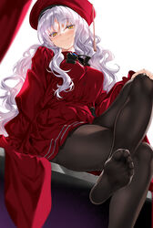  beret black_pantyhose breasts brooch caren_hortensia caren_hortensia_(amor_caren) caren_hortensia_(amor_caren)_(second_ascension) cle_masahiro commentary crossed_legs dress fate/grand_order fate_(series) feet female hat highres jewelry large_breasts legs long_hair long_sleeves looking_at_viewer neck_ribbon no_shoes pantyhose parted_lips red_dress red_hat ribbon shawl simple_background sitting smile soles solo tassel thighs toes wavy_hair white_hair yellow_eyes 