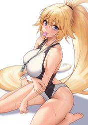  arm_under_breasts bare_shoulders barefoot blonde_hair blue_eyes blush breasts competition_swimsuit condom condom_in_mouth condom_wrapper fate/grand_order fate_(series) feet female from_side high_ponytail highres holding_own_arm jeanne_d&#039;arc_(fate) jeanne_d&#039;arc_(swimsuit_archer)_(fate) jeanne_d&#039;arc_(swimsuit_archer)_(second_ascension)_(fate) large_breasts long_hair looking_at_viewer mouth_hold official_alternate_costume one-piece_swimsuit ponytail simple_background sitting solar_(happymonk) solo swimsuit thighs very_long_hair wariza wet wet_hair whistle whistle_around_neck white_background white_one-piece_swimsuit 