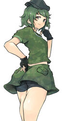  ass black_gloves closed_mouth commentary feet_out_of_frame female fingerless_gloves flat_cap ginnkei gloves green_eyes green_hair green_shirt green_skirt hat highres looking_at_viewer pocket shirt short_hair simple_background skirt smile solo standing touhou white_background yamashiro_takane 