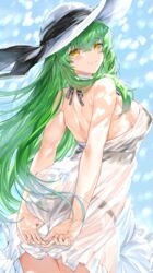  absurdres alternate_breast_size arms_behind_back ass bare_arms bare_shoulders bikini bikini_under_clothes black_bikini black_ribbon blush breasts c.c. closed_mouth code_geass commentary_request cowboy_shot dress female from_behind green_hair hat hat_ribbon highres kou_mashiro large_breasts leaning_forward long_hair looking_at_viewer looking_back ribbon see-through see-through_dress sideboob sleeveless sleeveless_dress smile solo sun_hat swimsuit very_long_hair white_dress white_hat yellow_eyes 