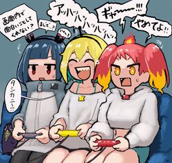  3girls :d ^_^ amano_pikamee animal aqua_hair arrow_(symbol) bird black_hair black_hairband black_legwear black_shorts blonde_hair blue_shorts closed_eyes collarbone commentary_request controller couch crying fangs game_controller grey_background gyari_(bird) hair_between_eyes hairband high_collar highres hikasa_tomoshika holding hood hood_down hoodie jacket jitomi_monoe long_sleeves magnet midriff multicolored_hair multiple_girls off-shoulder_shirt off_shoulder on_couch open_mouth pantyhose playing_games puffy_long_sleeves puffy_sleeves red_eyes red_hair saji_of_kamo sharp_teeth shirt short_shorts shorts simple_background sitting smile square_mouth streaming_tears sweat tears teeth translation_request two-tone_hair virtual_youtuber voms white_hoodie white_jacket white_shirt yellow_eyes zipper_pull_tab 