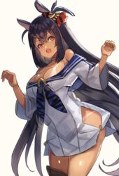  animal_ears bare_shoulders black_hair blue_shirt breasts choker cleavage commentary_request cowboy_shot dark-skinned_female dark_skin ear_scrunchie female highres hishi_amazon_(umamusume) horse_ears horse_girl horse_tail long_hair oerba_yun_fang open_mouth red_eyes shirt simple_background skirt solo tail tan tanlines the_olphy thigh_strap two-tone_shirt umamusume very_long_hair white_background white_choker white_shirt white_skirt 