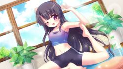  armpits bare_arms bare_legs bare_shoulders barefoot bike_shorts black_hair black_shorts blue_sky bottle breasts cleavage cloud cloudy_sky crop_top day dot_nose dutch_angle female film_grain game_cg ichikishima_mizuha indoors izumi_tsubasu large_breasts lens_flare long_hair midriff navel non-web_source official_art on_floor one_eye_closed open_mouth petite pigeon_pose plant potted_plant purple_eyes purple_sports_bra purple_tank_top re:stage! shorts single_vertical_stripe sky solo sparkle sports_bra straight_hair sunlight sweat tank_top towel very_long_hair water_bottle white_stripes window wooden_floor yoga yoga_mat 