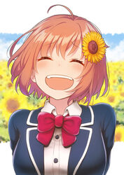  :d ^_^ ahoge arms_behind_back bad_id bad_pixiv_id blazer blue_jacket blurry blurry_background blush bow bowtie breasts buttons closed_eyes collared_shirt commentary contllenge facing_viewer female flower hair_flower hair_ornament highres honma_himawari jacket laughing medium_breasts nijisanji open_mouth orange_eyes red_bow red_bowtie school_uniform shirt short_hair smile solo sunflower sunflower_hair_ornament teeth upper_body upper_teeth_only virtual_youtuber white_shirt wing_collar 