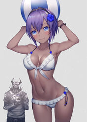  1boy armpits arms_up ball bangs banned_artist bare_shoulders beachball bikini black_hairband blush breasts cleavage collarbone dark_skin fate/grand_order fate/prototype fate/prototype:_fragments_of_blue_and_silver fate_(series) female flower hair_between_eyes hair_flower hair_ornament hairband hassan_of_serenity_(fate) horns king_hassan_(fate/grand_order) kyoeiki looking_at_viewer medium_breasts navel purple_eyes purple_hair skull_mask smile sunglasses swimsuit thighs white_bikini 