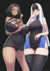  2girls bare_shoulders black_background black_dress black_hair black_legwear black_panties blue_dress blue_eyes blunt_bangs blush breasts carbon12th closed_mouth covered_navel dark-skinned_female dark_skin dress game_console green_eyes green_hair highres huge_breasts licking_lips long_hair looking_at_viewer medium_breasts microsoft multicolored_clothes multicolored_dress multiple_girls original panties parted_lips personification playstation_5 short_hair simple_background smile sony symbol-shaped_pupils thighhighs thighs tongue tongue_out underwear upskirt white_hair x_x xbox_series_x 