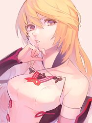  blonde_hair breasts collarbone criss-cross_halter detached_sleeves female grey_background hair_between_eyes halterneck highres long_hair looking_at_viewer medium_breasts milla_maxwell milla_maxwell_(tox2) orange_eyes parted_lips solo tales_of_(series) tales_of_xillia tales_of_xillia_2 ubo_(ubo_tales) upper_body 