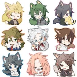  6+boys absurdres aiba_ibuki animal animal_ears atou_haruki black_jacket blonde_hair blood blood_stain blue_eyes blue_jacket brown_eyes brown_hair brown_sweater capelet cat_ears cat_tail chibi chinese_commentary closed_mouth coat collared_shirt commentary_request crumbs dog_ears dog_tail doughnut feline female food fox_ears fox_tail fur_trim glasses green_eyes green_hair green_hoodie grey_eyes grey_hair grey_jacket grey_shirt hair_between_eyes hand_on_own_face hand_up harada_minoru hatsutori_hajime highres holding holding_animal holding_cat holding_food hood hoodie isoi_rai isoi_reiji jabuchi_you jacket kanou_aogu kemonomimi_mode lab_coat long_hair long_sleeves medium_hair meebo multiple_boys necktie one_eye_closed open_clothes open_jacket open_mouth otowa_rui_(saibou_shinkyoku) parted_bangs pink_hair purple_eyes purple_sweater red_shirt saibou_shinkyoku sanpaku shirt short_hair smile sparkle striped_necktie suit_jacket sweat sweater tail turtleneck turtleneck_sweater uri_(saibou_shinkyoku) w_arms white_background white_capelet white_coat white_shirt yellow_cat 