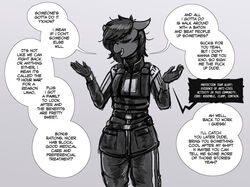  anthro civil_protection_(half-life_2) closed_eyes dialogue earth_pony electronics english_text equid equine fan_character female gesture hasbro horse mammal monochrome my_little_pony police police_officer pony profanity radio replica_(artist) replica_(oc) shrug text 