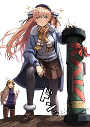  2girls alternate_costume black_pantyhose black_shorts blonde_hair blue_coat blue_sweater bolt_(hardware) breasts brown_eyes brown_footwear brown_skirt coat commentary_request fgm-148_javelin fletcher_(kancolle) flying_sweatdrops fur-trimmed_coat fur-trimmed_footwear fur_trim gift gift_wrapping hairband jacket johnston_(kancolle) kantai_collection large_breasts leaning_forward light_brown_hair long_hair multiple_girls nervous_sweating official_alternate_costume oversized_object pantyhose pink_jacket purple_eyes purple_sweater ribbed_sweater scarf short_shorts shorts simple_background skirt smile smug sparkle sweat sweater tantaka two_side_up white_background white_sweater winter_clothes winter_coat yellow_scarf 