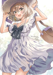  anchor_symbol bag brown_eyes brown_hair cowboy_shot dress female hat highres kantai_collection mizuta_kenji off-shoulder_dress off_shoulder one-hour_drawing_challenge open_mouth round_teeth short_hair solo speaking_tube_headset standing straw_hat sun_hat sundress teeth upper_teeth_only white_dress yukikaze_(kancolle) yukikaze_(summer_mode)_(kancolle) 