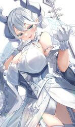  breasts cleavage detached_sleeves dress duel_monster dutch_angle female garter_straps gloves grey_eyes grey_hair highres horns igayan large_breasts lovely_labrynth_of_the_silver_castle medium_hair parted_lips pointy_ears polearm simple_background smile solo thighhighs weapon white_background white_thighhighs yu-gi-oh! 