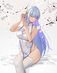  adjusting_hair alternate_costume baige0 bare_arms bare_shoulders blue_hair blue_nails blunt_bangs branch breasts china_dress chinese_clothes cleavage cleavage_cutout closed_eyes closed_mouth clothing_cutout covered_navel crossed_legs dress female flower genshin_impact groin hair_flower hair_ornament hair_rings highres kamisato_ayaka large_breasts legs long_hair nail_polish no_panties pelvic_curtain petals simple_background sitting sleeveless sleeveless_dress smile solo thighhighs very_long_hair white_background white_dress white_thighhighs 