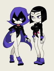  bare_hips black_hair black_leotard breasts cloak cuffs dc_comics female frown full_body highleg highleg_leotard large_breasts leotard pout purple_cloak purple_eyes raven_(dc) short_hair simple_background sleeved_leotard teen_titans teen_titans_go! yuta_agc 