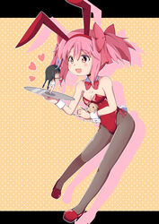  2girls akemi_homura animal_ears bow bowtie detached_collar grey_legwear kaname_madoka leotard long_hair mahou_shoujo_madoka_magica mahou_shoujo_madoka_magica_(anime) matsubara_ryuu mini_person minigirl multiple_girls pantyhose pink_hair playboy_bunny rabbit_ears rabbit_tail red_bow red_bowtie red_eyes red_leotard short_hair short_twintails smile solo_focus strapless strapless_leotard tail twintails wrist_cuffs 