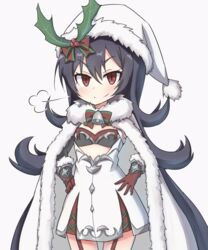  black_hair cape christmas closed_mouth commentary_request dress female fur-trimmed_cape fur-trimmed_gloves fur-trimmed_headwear fur_trim garter_straps gloves hair_between_eyes hat illya_(christmas)_(princess_connect!) illya_(princess_connect!) illya_(small)_(princess_connect!) long_hair looking_at_viewer official_alternate_costume princess_connect! puff_of_air red_eyes red_gloves santa_hat simple_background smile solo split_mouth toro_th v-shaped_eyebrows very_long_hair white_background white_cape white_dress white_hat 