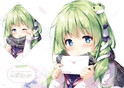  animal blue_eyes blue_flower blush character_name enpera envelope female flower frog_hair_ornament green_hair grey_scarf hair_ornament hair_tubes highres holding holding_envelope kochiya_sanae letter long_hair long_sleeves looking_at_viewer miyase_mahiro nemophila_(flower) one_eye_closed open_mouth plaid plaid_scarf scarf simple_background single_hair_tube sleeves_past_wrists smile snake snake_hair_ornament solo touhou upper_body white_background winter_clothes 