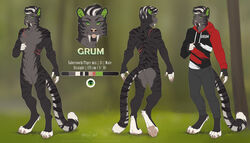  2020 anthro black_body black_stripes digital_media_(artwork) english_text etskuni extinct felid fur green_eyes grum_(grumbbuck) male mammal model_sheet pantherine prehistoric_species saber-toothed_tiger smile solo striped_body striped_fur stripes tagme text tiger 