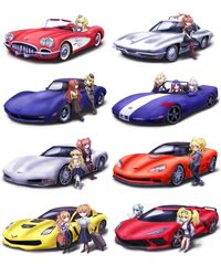  6+girls absurdres atlanta_(kancolle) bag blonde_hair brown_hair car casual chevrolet_corvette chevrolet_corvette_c1 chevrolet_corvette_c2 chevrolet_corvette_c3 chevrolet_corvette_c4 chevrolet_corvette_c5 chevrolet_corvette_c6 chevrolet_corvette_c7 chevrolet_corvette_c8 colorado_(kancolle) country_connection crossed_legs dress fletcher_(kancolle) gambier_bay_(kancolle) garrison_cap glasses hat helena_(kancolle) high_side_ponytail highres hood hoodie hornet_(kancolle) houston_(kancolle) intrepid_(kancolle) iowa_(kancolle) jacket johnston_(kancolle) kantai_collection leaning_against_vehicle long_hair long_sleeves map medium_hair motor_vehicle multiple_girls ponytail saratoga_(kancolle) shading_eyes short_sleeves shunaberu simple_background south_dakota_(kancolle) standing star-shaped_pupils star_(symbol) suitcase symbol-shaped_pupils twintails vehicle_focus washington_(kancolle) watson_cross white_background 