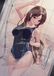  absurdres against_glass black_one-piece_swimsuit breast_press breasts breasts_on_glass brown_hair commentary competition_swimsuit condensation cowboy_shot door door_handle female glass_writing highres light_smile long_hair looking_at_viewer one-piece_swimsuit original parted_lips purple_eyes shower_(place) solo standing swimsuit toumin window_fog 