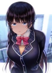  arms_behind_back black_hair black_jacket blazer blue_eyes blurry blurry_background bow bowtie braid breasts collared_shirt commentary contllenge dress_shirt female french_braid hair_ornament hairclip highres jacket large_breasts long_hair looking_at_viewer nijisanji parted_lips pink_bow pink_bowtie school_uniform shirt solo tsukino_mito tsukino_mito_(1st_costume) upper_body vest virtual_youtuber wet wet_hair white_shirt wing_collar yellow_vest 