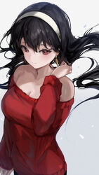  bare_shoulders black_hair breasts cleavage closed_mouth commentary dot_nose dress earrings english_commentary female floating_hair from_above gold_earrings hair_down hairband hand_up highres hyatsu jewelry long_hair long_sleeves medium_breasts off-shoulder_sweater off_shoulder red_eyes red_sweater red_theme smile solo spy_x_family sweater sweater_dress upper_body white_hairband yor_briar 