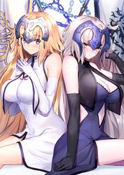  2girls adapted_costume ahoge bad_id bad_pixiv_id bare_shoulders black_dress black_gloves blonde_hair blue_eyes blush breasts chains cleavage closed_mouth clothing_cutout collarbone dress elbow_gloves fate/apocrypha fate/grand_order fate_(series) flag gloves grey_hair headpiece highres jeanne_d&#039;arc_(fate) jeanne_d&#039;arc_(third_ascension)_(fate) jeanne_d&#039;arc_alter_(avenger)_(fate) jeanne_d&#039;arc_alter_(avenger)_(third_ascension)_(fate) jeanne_d&#039;arc_alter_(fate) large_breasts long_hair looking_at_viewer multiple_girls navel navel_cutout ninoude_(ninoude44) sitting smile thighs white_dress white_gloves yellow_eyes 