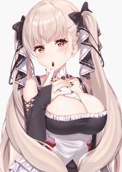  azur_lane between_breasts black_dress black_nails blush breasts cleavage commentary detached_collar dress eyelashes female finger_to_mouth formidable_(azur_lane) grey_background grey_hair hair_ribbon hand_on_own_chest highres large_breasts long_hair looking_at_viewer nail_polish nannann necktie necktie_between_breasts off-shoulder_dress off_shoulder orange_eyes parted_lips ribbon solo twintails upper_body white_background white_necktie 