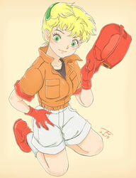  ashida_toyoo_(style) blonde_hair closed_mouth female ginga_hyouryuu_vifam gloves green_eyes hat highres kujira_gunsou looking_at_viewer maki_rowel photoshop_(medium) retro_artstyle short_hair shorts simple_background smile solo 